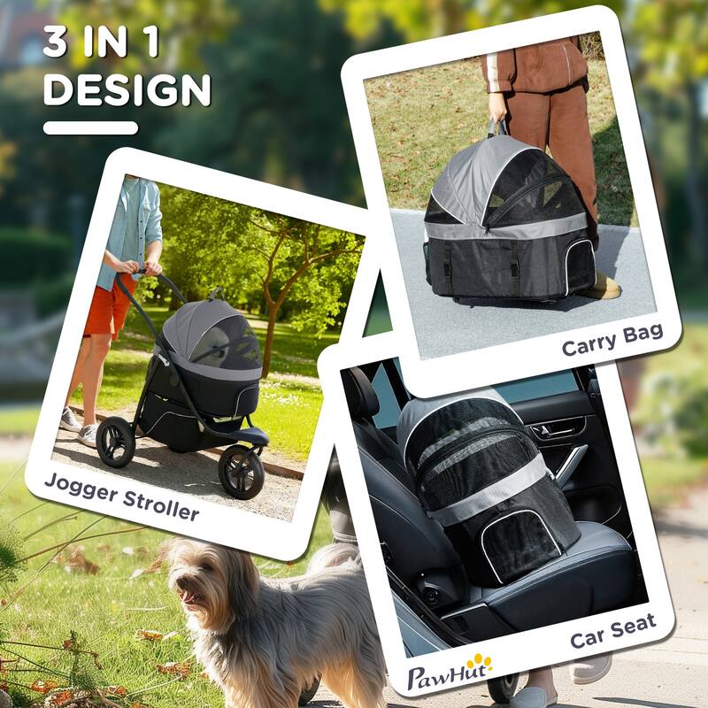 PawHut Pet Stroller for Small Dogs and Cats, 3 in 1 Dog Stroller Jogger with Detachable Carrier, Storage Basket, Gray