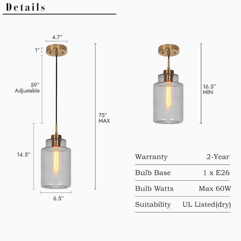 Modern 1-Light Cylinder Grey Water-Ripple Glass Kitchen Island Large Pendant Light for Dining Room - 6.5 " D × 14.5 " H
