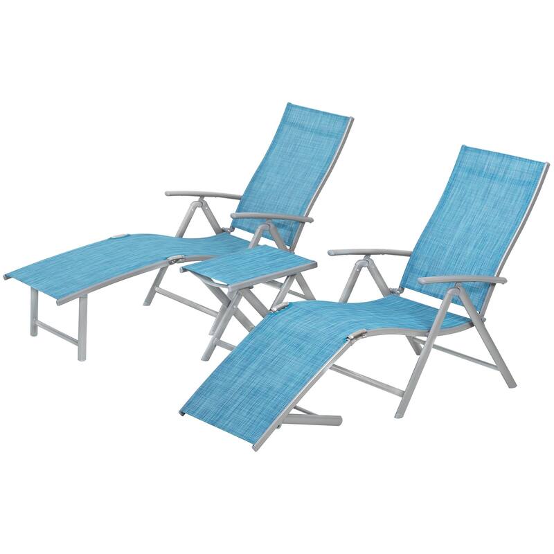 VredHom Outdoor Portable Folding Chaise Lounge Chair with Table (Set of 3) - 70" L x 20" W x 14" H