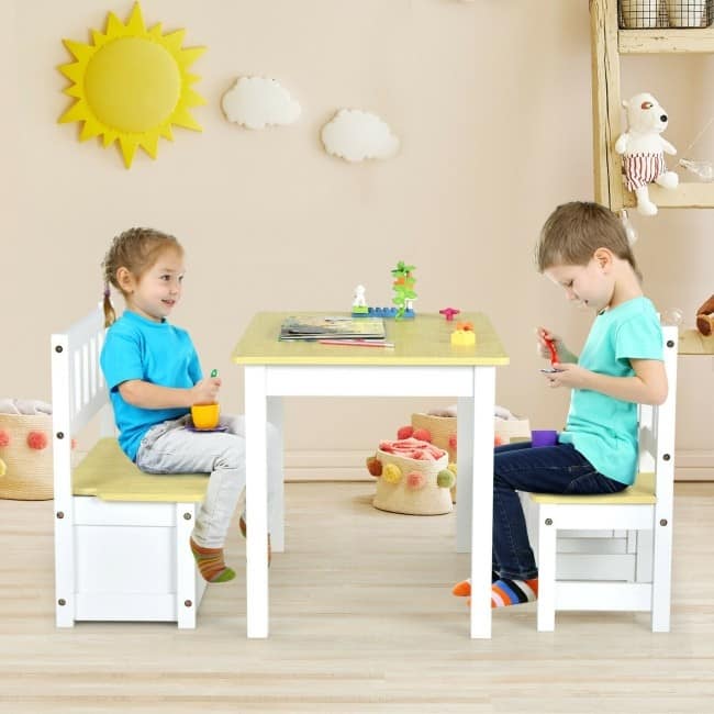 4 Pieces Kids Wooden Activity Table and Chairs Set with Storage Bench and Study Desk - 27.5" (L) X 19" (W) X 20" (H)