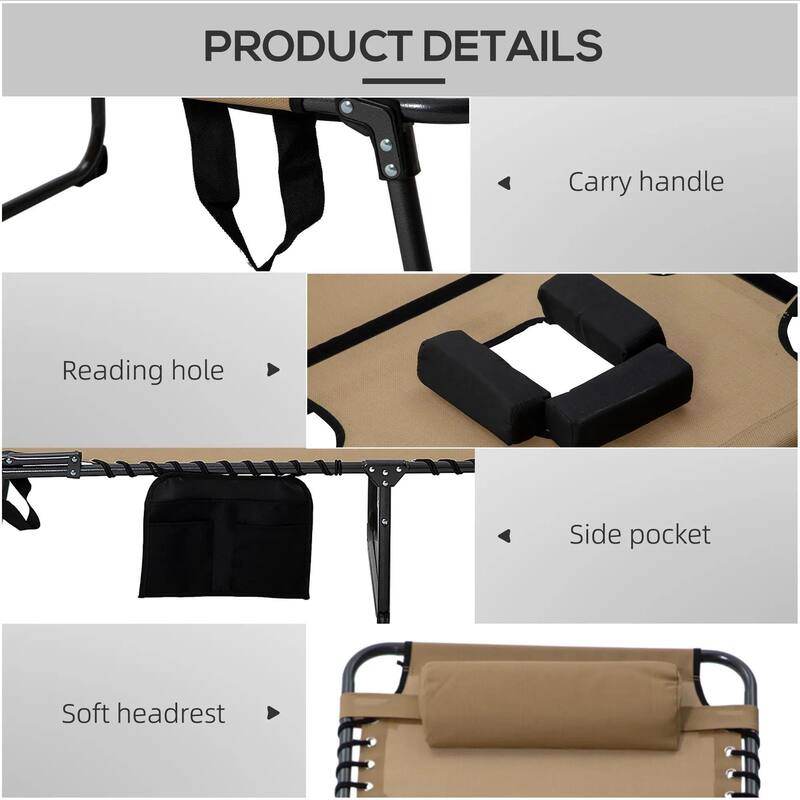 2PCS Folding Chaise Chairs with 5-level Reclining Back, Reading Hole