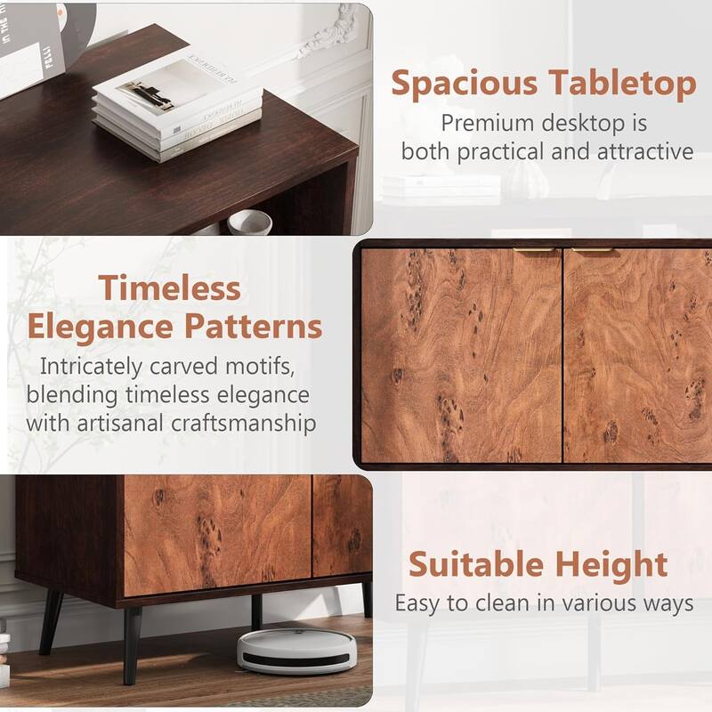 Sideboard Buffet Cabinet with Storage, Wooden Cabinet with 2 Open Shelves, Burl Texture, Coffee Bar for Dining Room