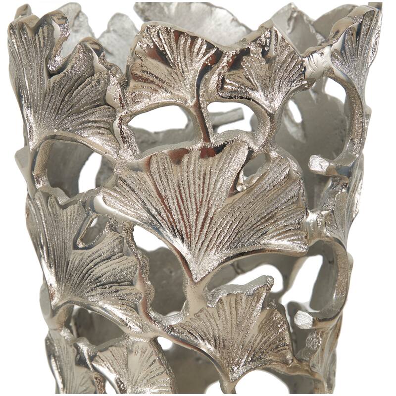 Silver Aluminum Metal Decorative Vase with Ginkgo Leaf Design (Set of 2)