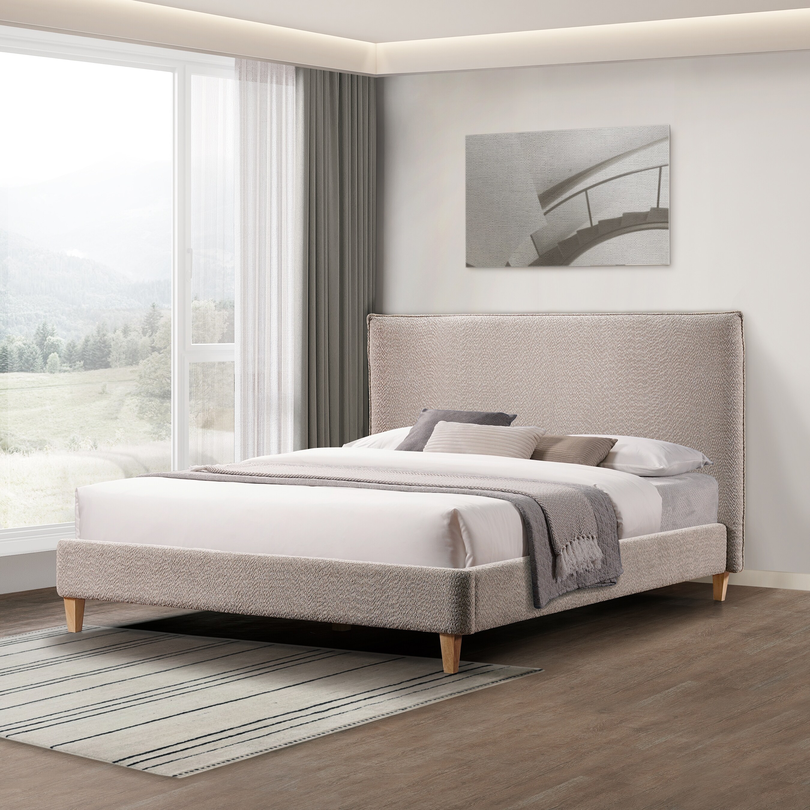 Queen Size Upholstered Platform Bed, Headboard Included, Box display picture 1