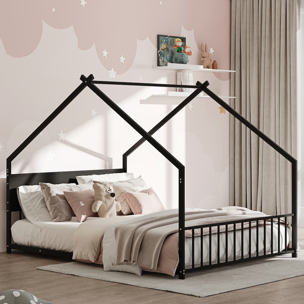 Full Size House Bed with Roof and Colorful Lights