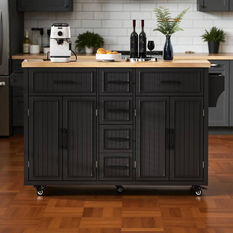 56.5" Farmhouse Kitchen Island with Drop Leaf & Power Outlet, Rolling Cart with 5 Drawers, 4 Doors, Adjustable Shelves & Wheels - Black