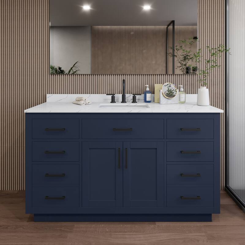 Wyndham Collection WCG262660S-QTZ-US3MXX Beckett TK 60" Free Standing - Dark Blue / Giotto Quartz Top / Matte Black