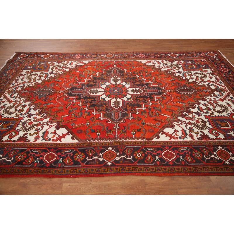 Hand Knotted Oriental 100% Wool Carpet Traditional Medallion Red Heriz Area Rug - 9' 8'' X 6' 7''