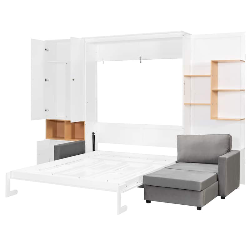 Queen Murphy Bed with Sofa and Cabinets Space Saving Sofa Wall Bed with Open Shelves and Dual Lights for Living Room Guest Room