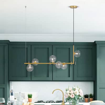 6-Light Modern Black/Gold Linear Sputnik Clear Glass Globe Bubble Chandelier for Kitchen Island