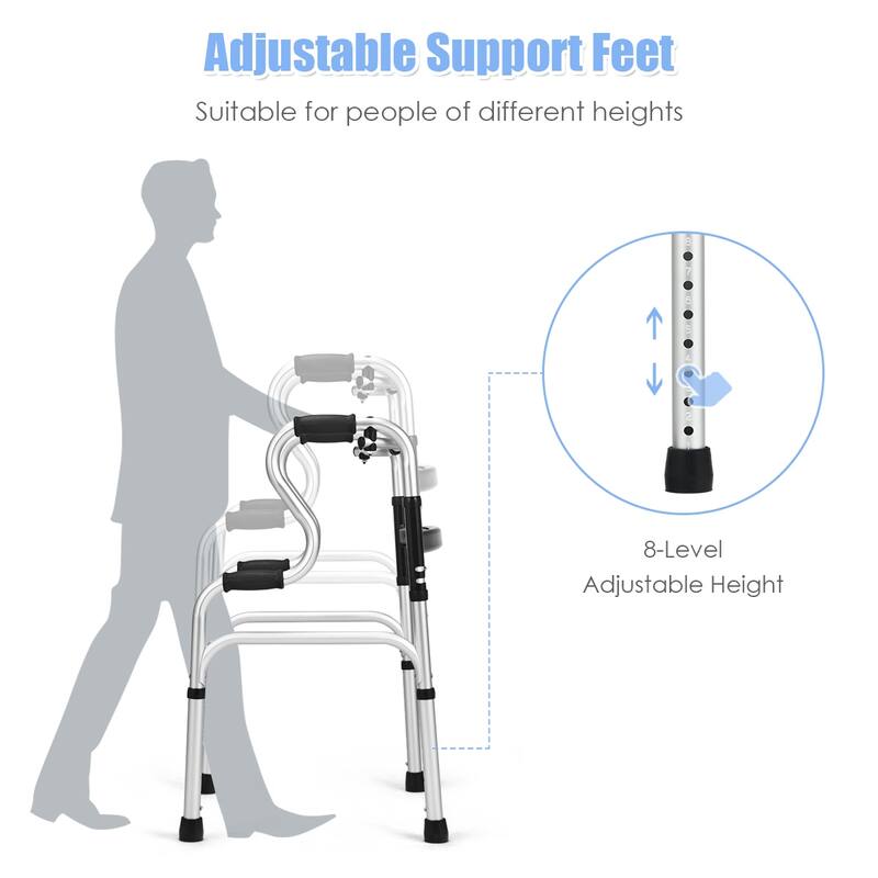 Costway One-button Folding Walker Aluminum Walking Frame w/ Adjustable - See Details