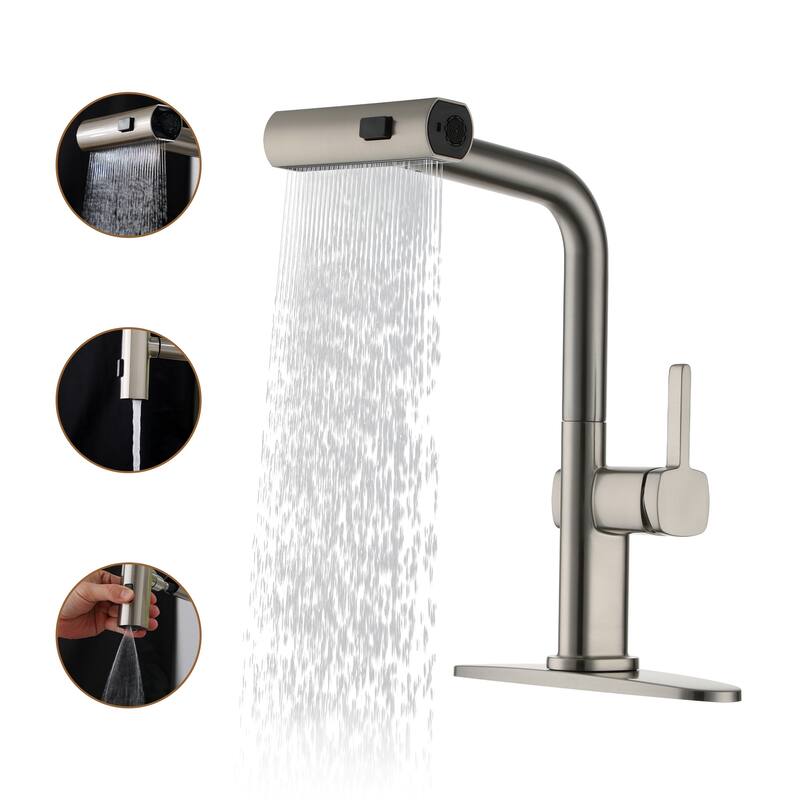 Single Handle Pull Out Sprayer Kitchen Faucet with 3 Functions Spray, 360° swivel