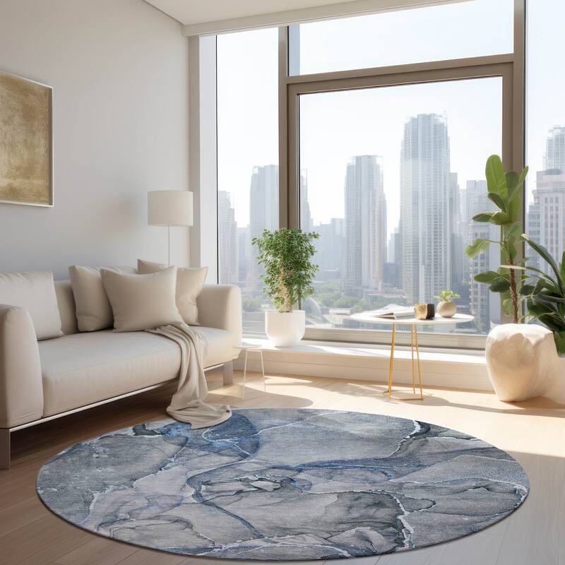 Machine Washable Indoor/ Outdoor Abstract Chantille Rug - 8' x 8' - Blue
