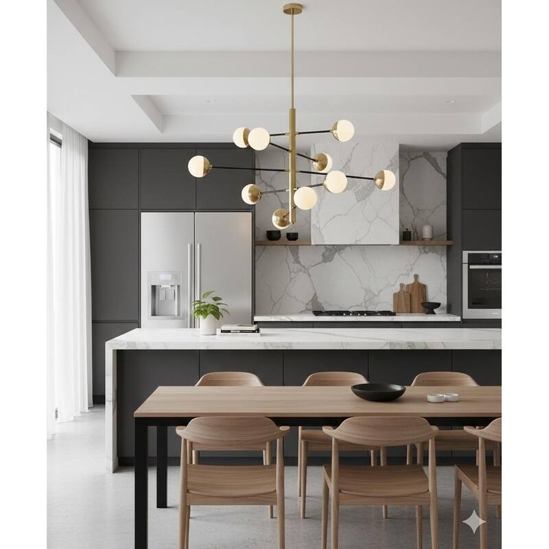 Modern 10-Light Brass And Black Chandelier With Glass Shades