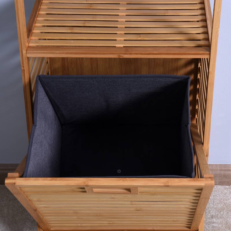 Bathroom Laundry Basket Bamboo Storage Basket with 2-tier Shelf