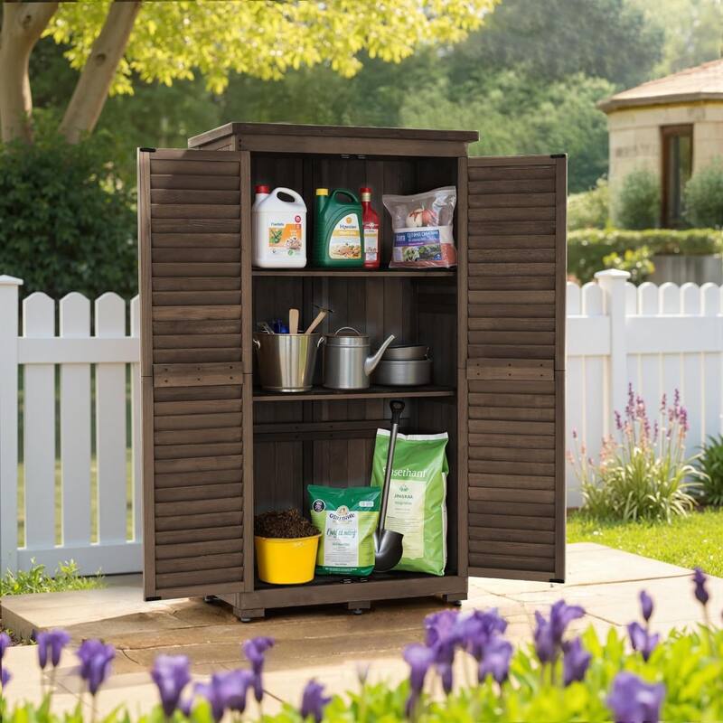 MCombo 63 inch Tall Outdoor Storage Tool Cabinet Shed with Lock for Yard (34.3" L x 18.3" W x 63" H), Wooden 0870