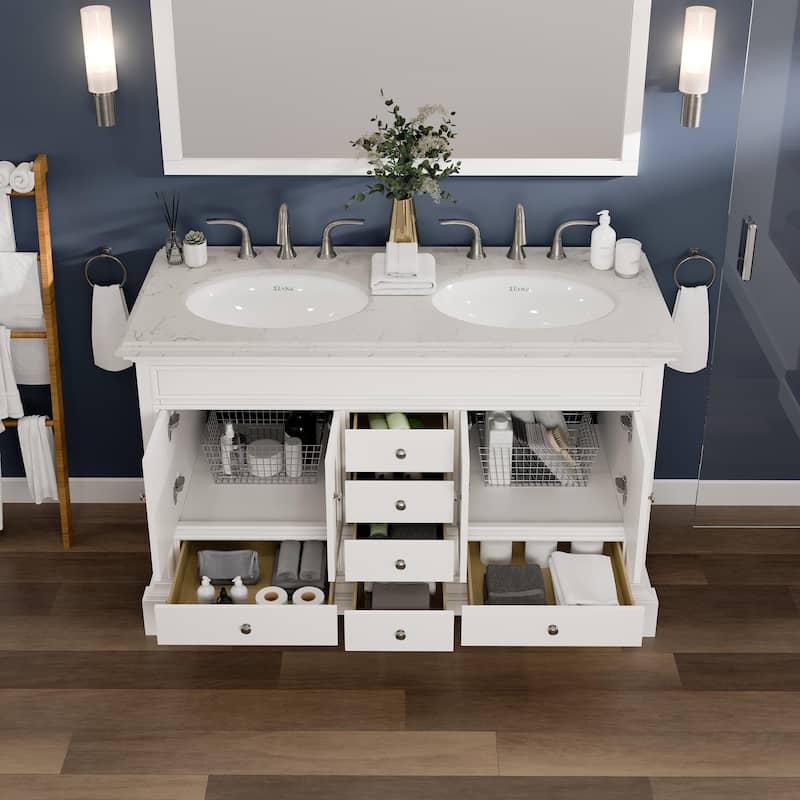 Elite Stamford 48" White DS Bath Vanity with Carrara Quartz Top & Undermount Sinks