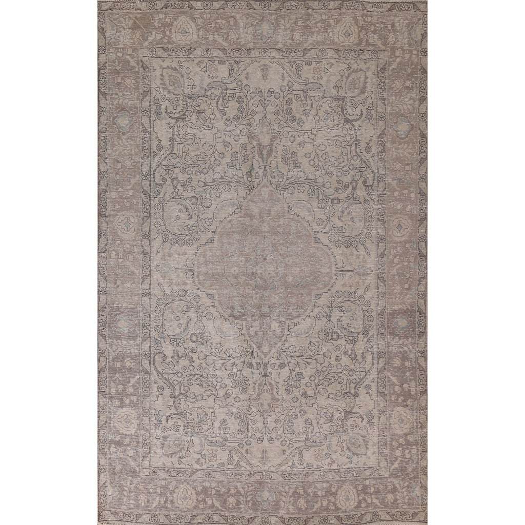 Hand Knotted Oriental 100% Wool Carpet Traditional Floral Beige & Ivories Tabriz Area Rug - 9' 3'' X 6' 4''