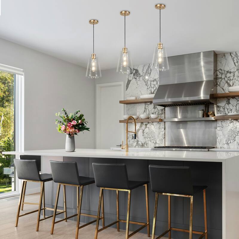 Modern Gold 1-Light Textured Clear Glass Pendant Light for Kitchen Island - D7.9"xH12.5"