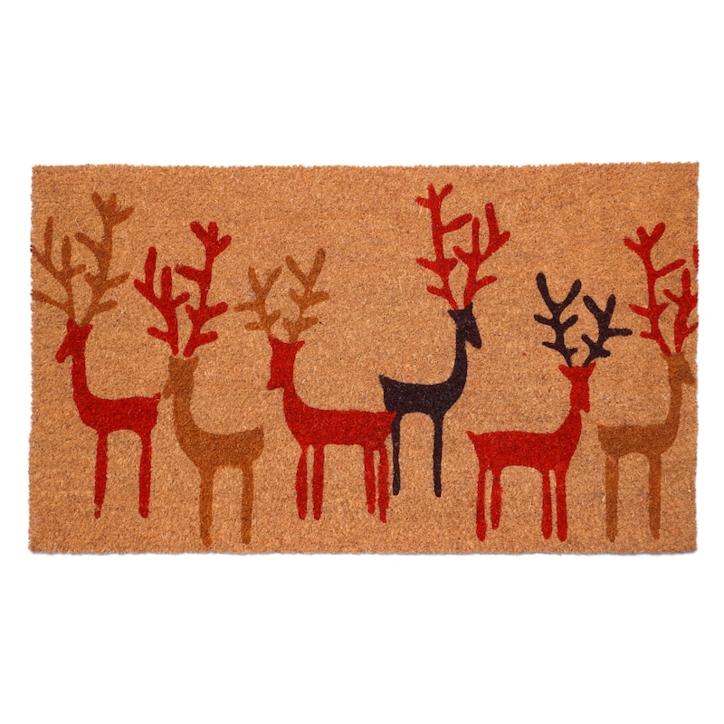 HomeRoots 17" X 29" Brown Red And Black Christmas Deer Outdoor Coir Door Mat - 17.00' X '29.00