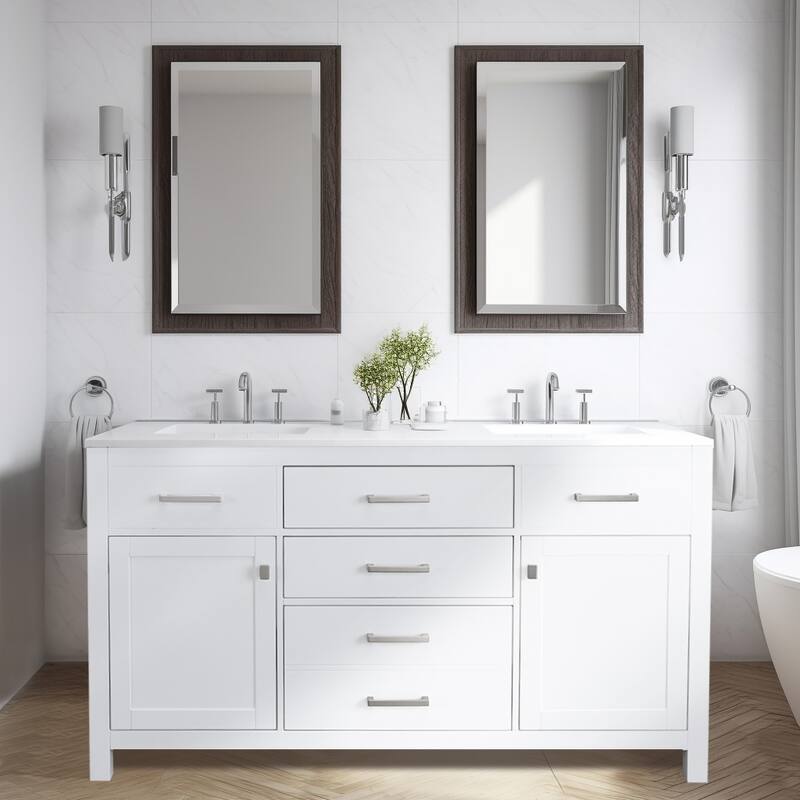 Prismatica Double Sinks Bathroom Vanity 60 in White, Marble Top & Splash