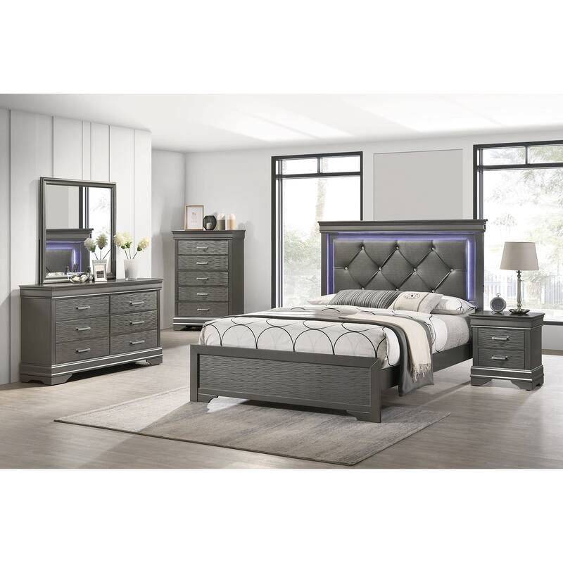 Modern Style 1pc Bed Set Built In LED Lights Diamond Button Tufted Headboard Gray Finish Bedroom Furniture