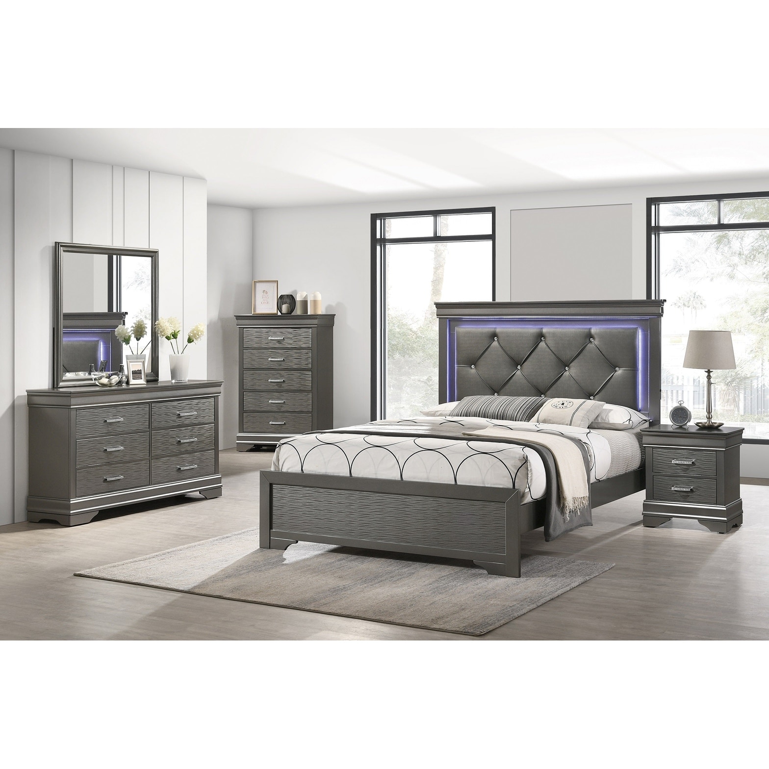 Modern Style Bed Dresser Mirror Nightstand And Chest Set Built In LED Light Headboard Gray Finish Bedroom Furniture