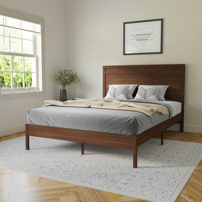 Solid Wood Platform Bed with Headboard and Wooden Slats