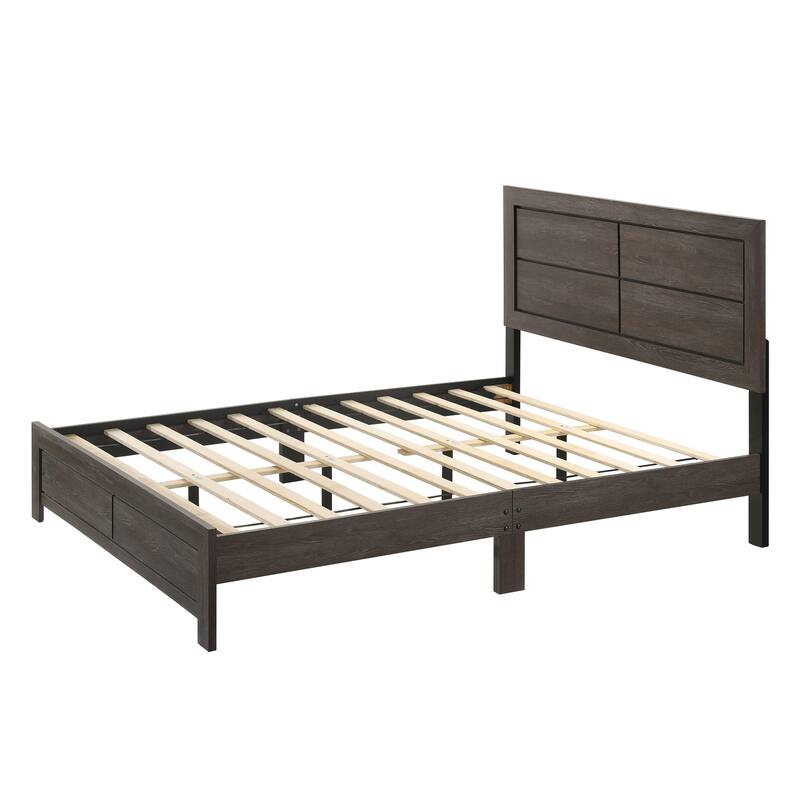 Full Size Wood Platform Bed with Clean-Lined Headboard and Rustic Wood Grain Finish