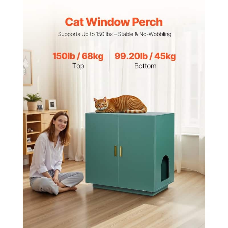 Dark Green P2 Particle Board Cat Litter Box Enclosure with Gold Handles - 31.50 × 19.69 × 31.10 inch