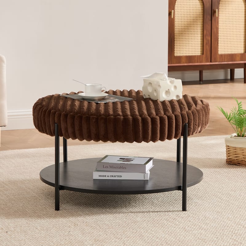 30.9"W Upholstered Coffee Table Ottoman,Round Coffee Table Bench with Storage Shelf and Metal Legs