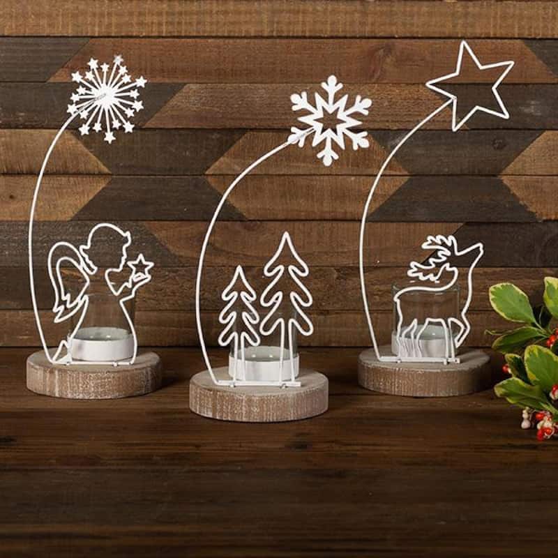 Set Of 3 Angel With Starburst Wand, Trees And Snowflake And Deer With Star Tealight Candle Holder