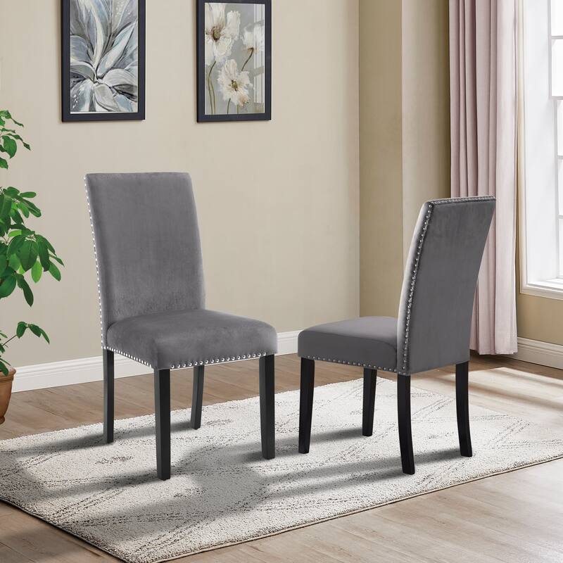 Modern Set of 2 Dining Chairs with Fabric Backrest, Cushioned Seat, Nailhead Trim, Solid Wood Legs for Dining Room Living Room - Grey