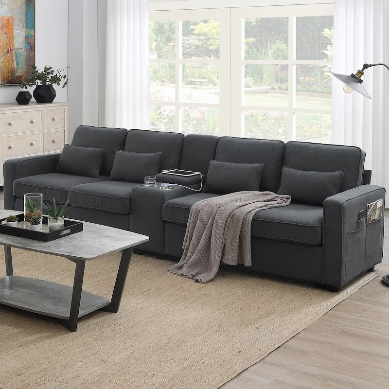 Fabric Upholstered Sofa with 4 Pillows 4-Seats