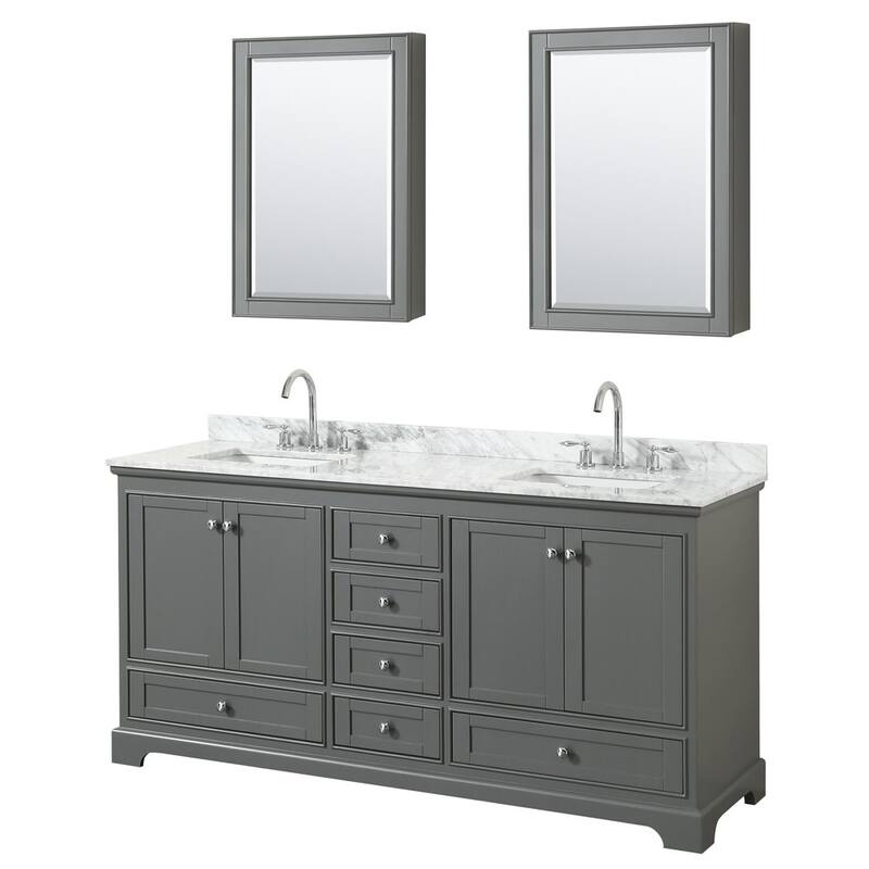 Wyndham Collection Deborah 72" Free Standing Double Vanity Set with - Dark Gray / White Carrara Marble Top / Polished