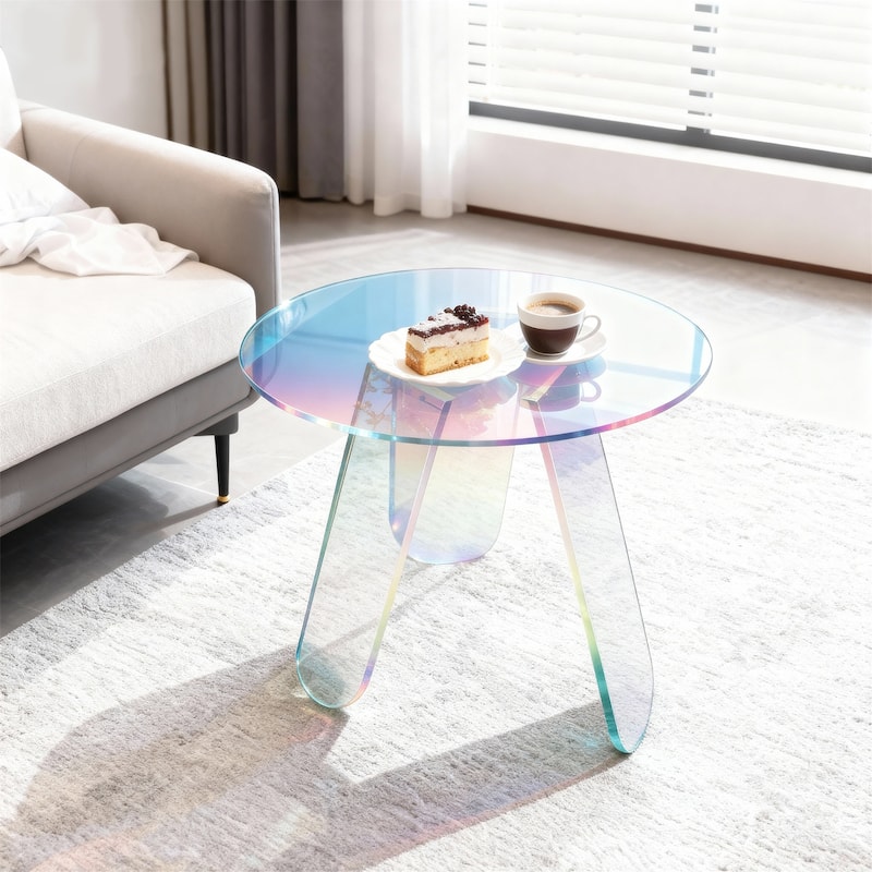 Acrylic Coffee Side Table Round Iridescent Rainbow End Table with PVC Table Cover
