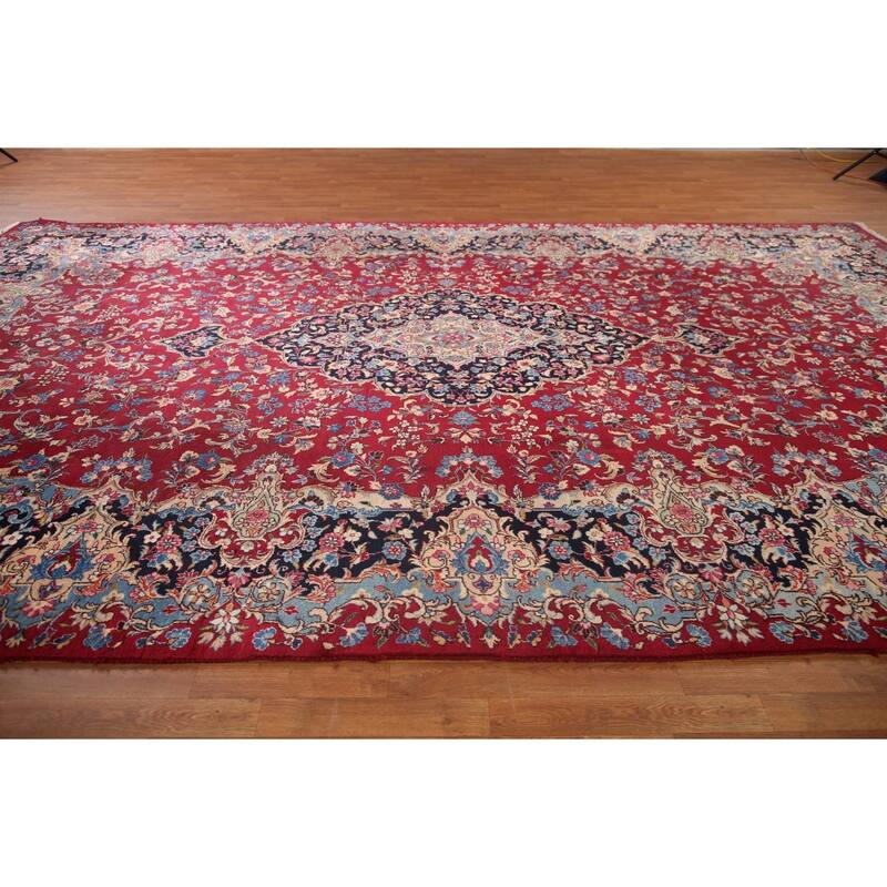 Hand Knotted Oriental 100% Wool Carpet Traditional Floral Red Kerman Area Rug - 16' 0'' X 9' 10''