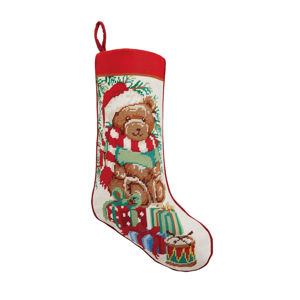 Teddy Bear Embroidered Needlepoint Stocking - 11"x18"