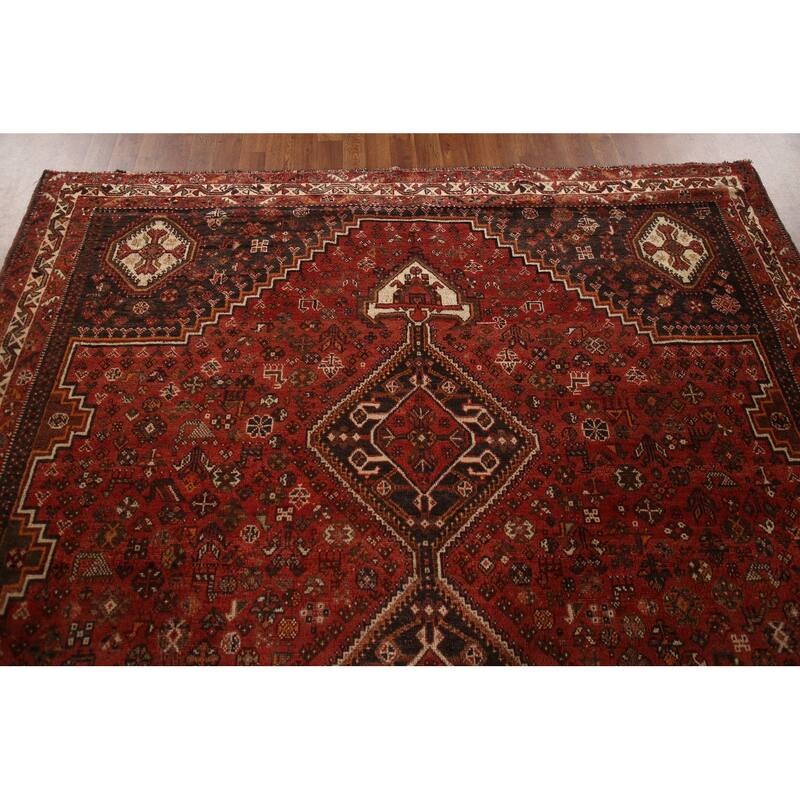 Tribal Geometric Shiraz Persian Vintage Rug Handmade Red Wool Carpet - 7'8"x 10'8"