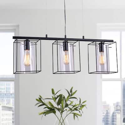 Leena Black 3-Light Linear Chandelier with Clear Cylinder Glass Shade