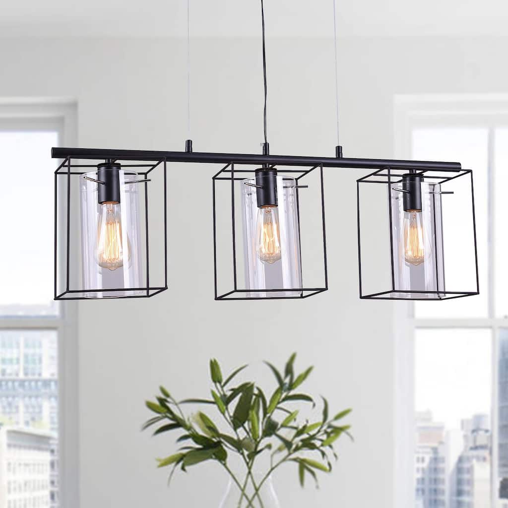 Leena Black 3-Light Linear Chandelier with Clear Cylinder Glass Shade