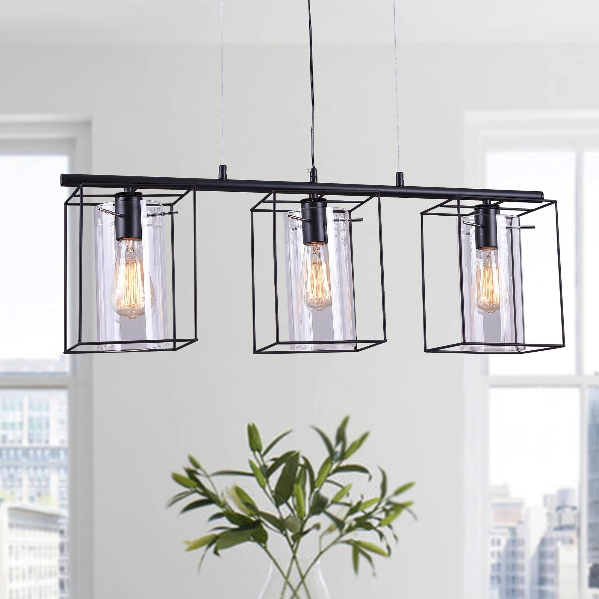 Warehouse of Tiffany Leena Black 3-Light Linear Chandelier with Clear Cylinder Glass Shade