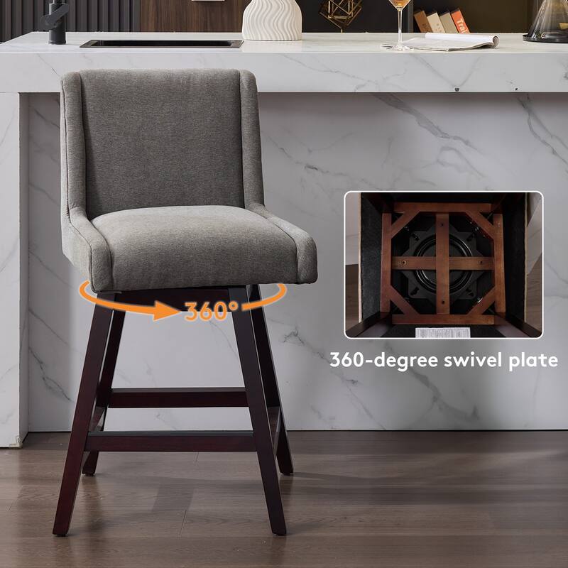 2-Pack Swivel Bar Stools - 360° Rotating Solid Wood and Fabric Stools with Comfortable Cushion