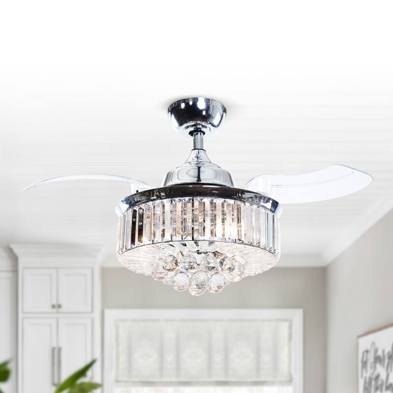 36" Modern Retractable 3-Blade Chrome Crystal Ceiling Fan with Remote - 36 Inches