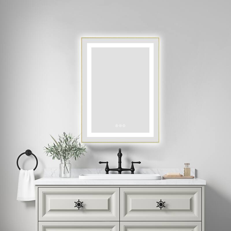 24" x 30" LED Bathroom Mirror with Front and Backlight, Wall Mounted Vanity Mirror with Aluminum Frame, Anti-Fog