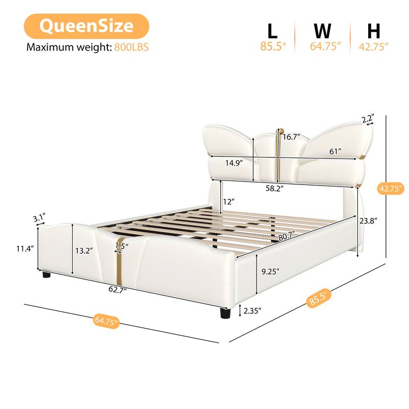 Queen Size Upholstered PU Leather Bed Frame with Butterfly Headboard, Gold Metal Decorations, No Box Spring Needed