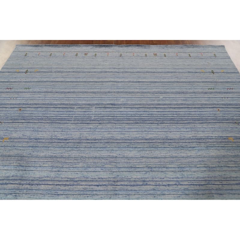 Striped Blue Gabbeh Oriental Area Rug Handmade Wool Carpet - 7'9"x 9'7"