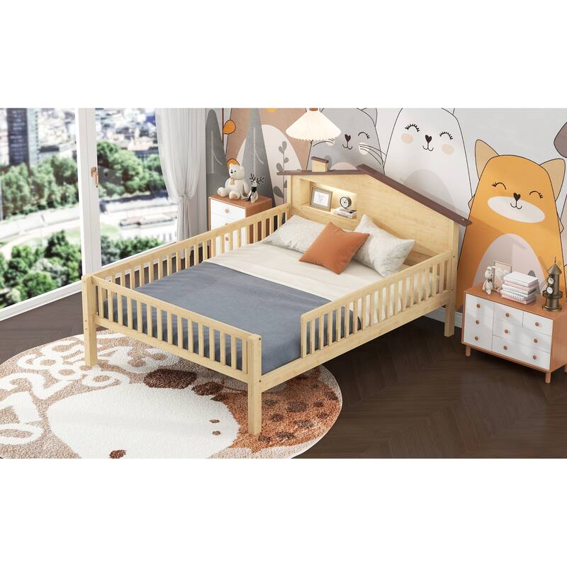 Full Size Wood Platform Bed with House-shaped Headboard, LED and Built-in Storage
