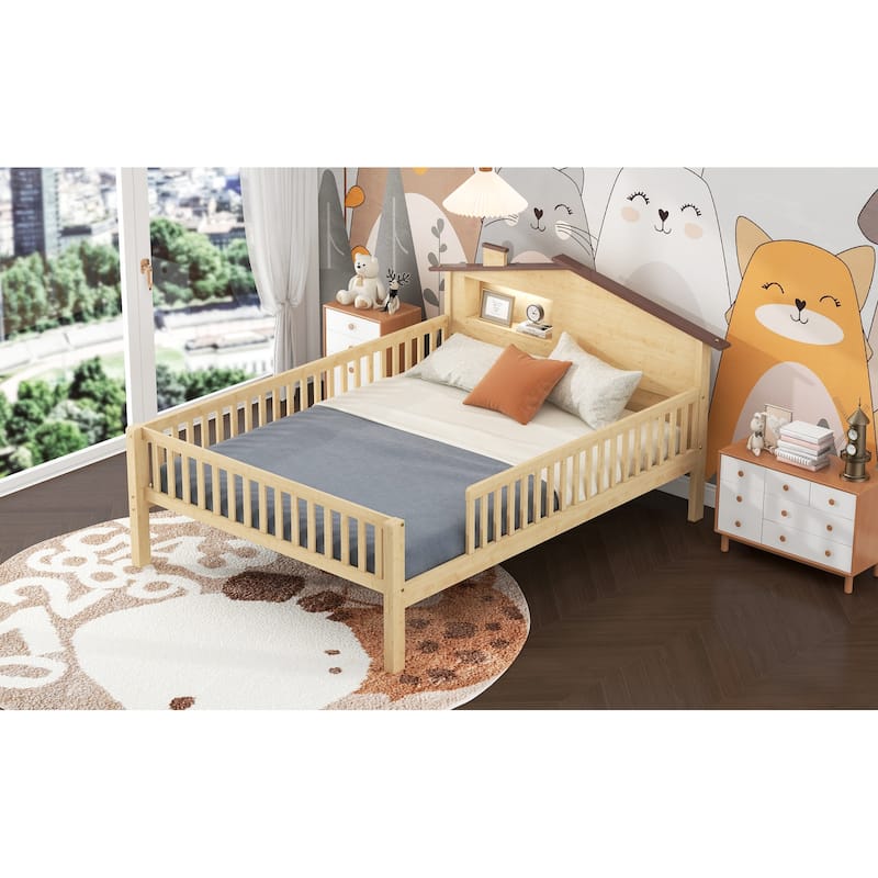 Wood Platform Bed with House-shaped Headboard, LED and Built-in Storage