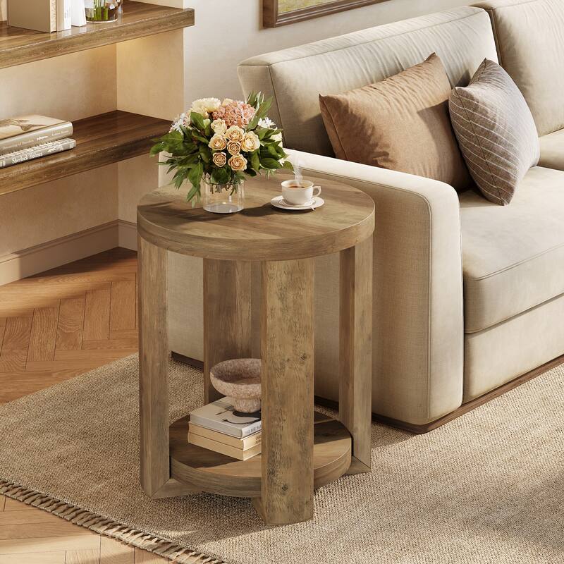 Round End,Side Table with Lower Shelf, Bedside Accent Furniture